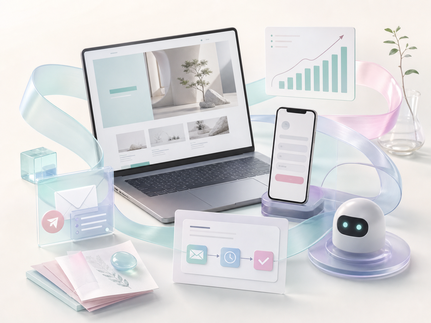 Web制作、申込みフォーム、マーケティング分析、業務自動化、AIが連携するイメージ